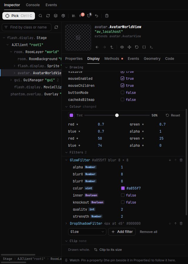 The Inspector's Display tab, with an avatar's colour and filters open