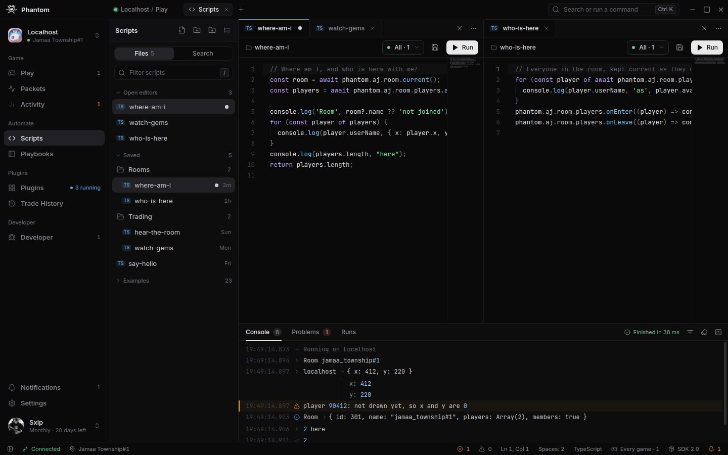 The Scripts editor with folders on the left, two scripts side by side and the console below